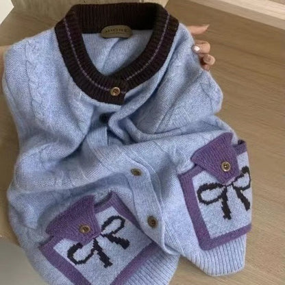 Contrast Color And Versatile Bow Pocket Sweater