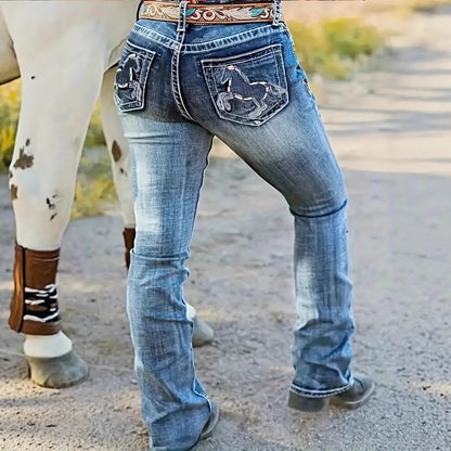 Hatchet Man Embroidery Women's High Waist Stretch Heavy Industry Washed Denim Straight-leg Trousers