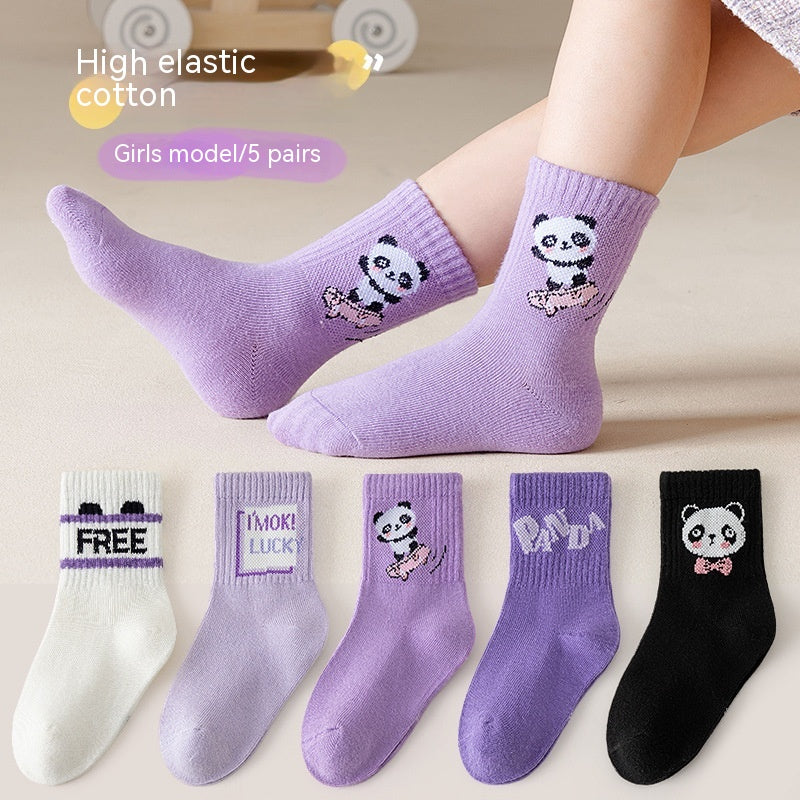 The Panda Athletic: Purple Panda Cartoon Mid-Tube Athletic Socks
