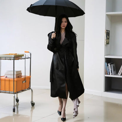 Black Windbreaker High-grade Long Tall PU Leather Jacket Overcoat