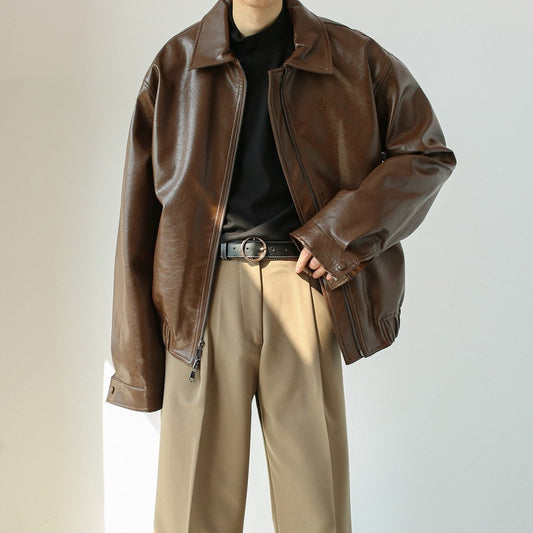 Mens Retro Short Personalized Leather Coat Vintage Individuality
