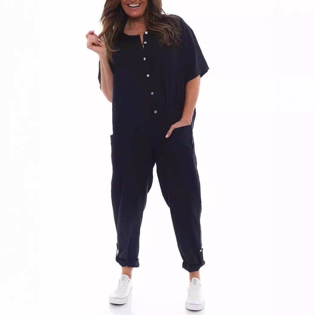 Round Neck Button Mid Waist Pocket Jumpsuit