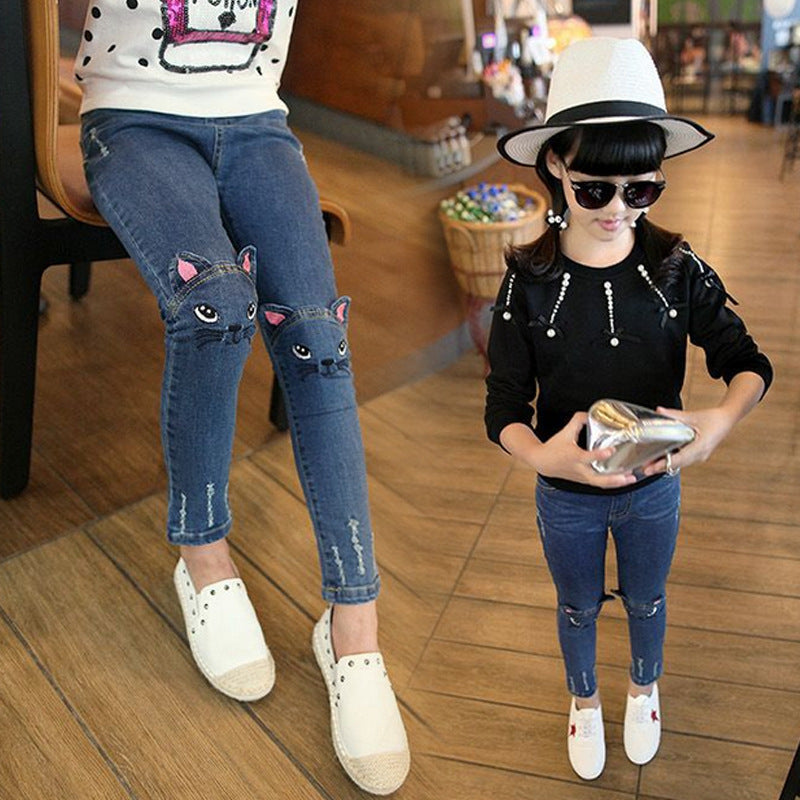 Whimsical Cat Embroidery Slim-Fit Denim Jeans