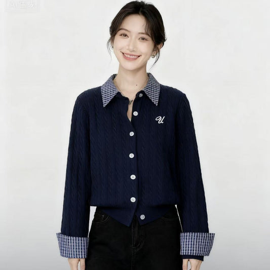 Plaid Stitching Lapel Long Sleeve Twist Knitted Sweater