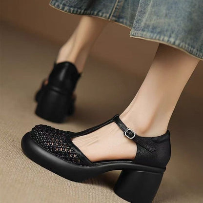 New Summer Soft Leather Roman Platform Mary Jane Shoes Hollow High Heel Pumps