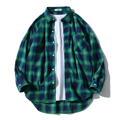 Japanese Style Plaid Long Sleeve Shirt Men Loose-fitting Workwear Jacket