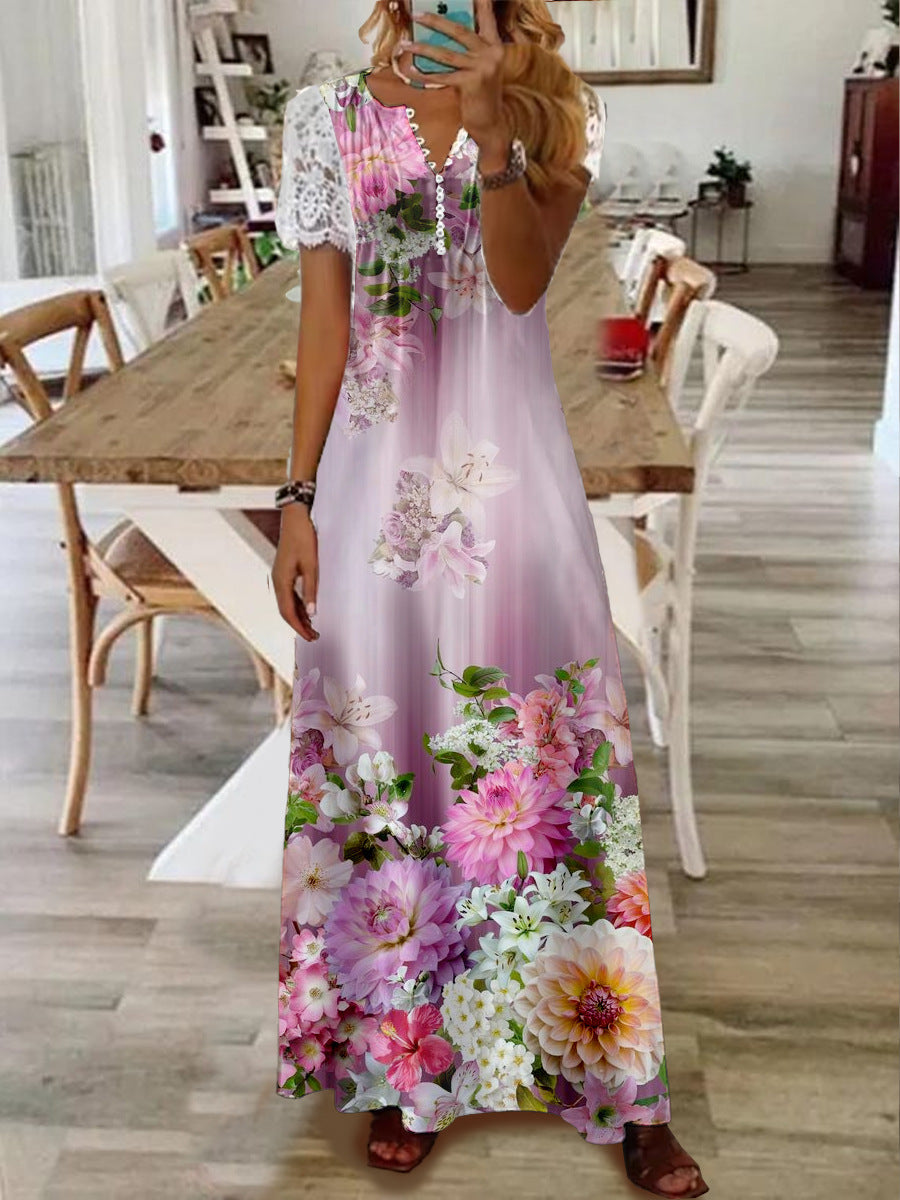 Printed Lace Sleeve Short Sleeve Dress