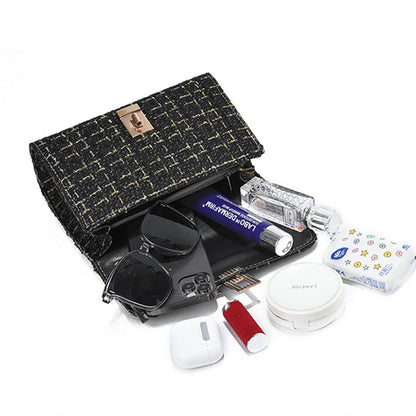 Woolen Twist Lock Shoulder Bag Versatile Women's Bag Gold Silk Contrast Color