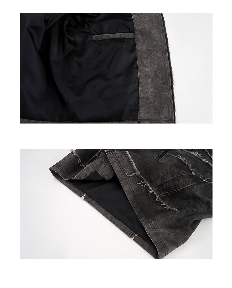 Short Gray Padded Shoulder Denim Coat Sculpted Neutral Edge