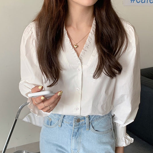 V Neck Pleated Fungus Trimmed Puff Sleeves