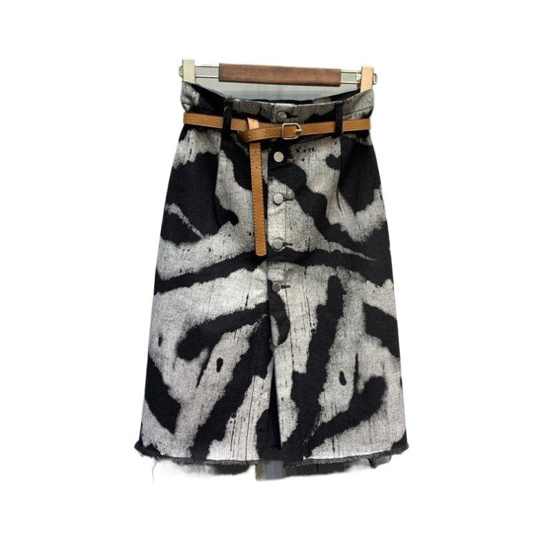 Tie-dyed High Waist Stretch Denim Skirt