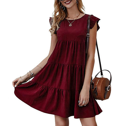 Ladies Solid Color Round Neck Short Sleeve Casual Dress