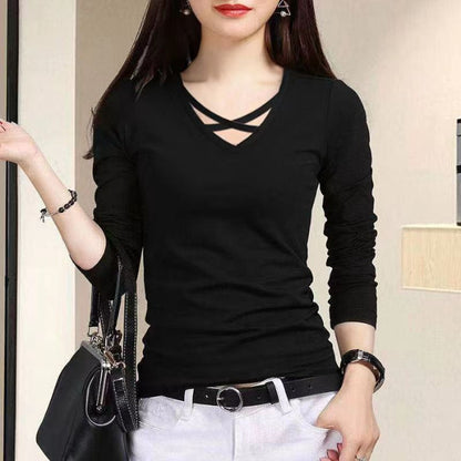 Spring And Autumn Long Sleeve Slim Fit Plus Size V-neck Cross Bottoming Shirt Top For Women