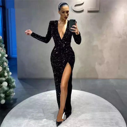 Women's Sexy Deep V Long Sleeve Slim-fit Sequined Dress